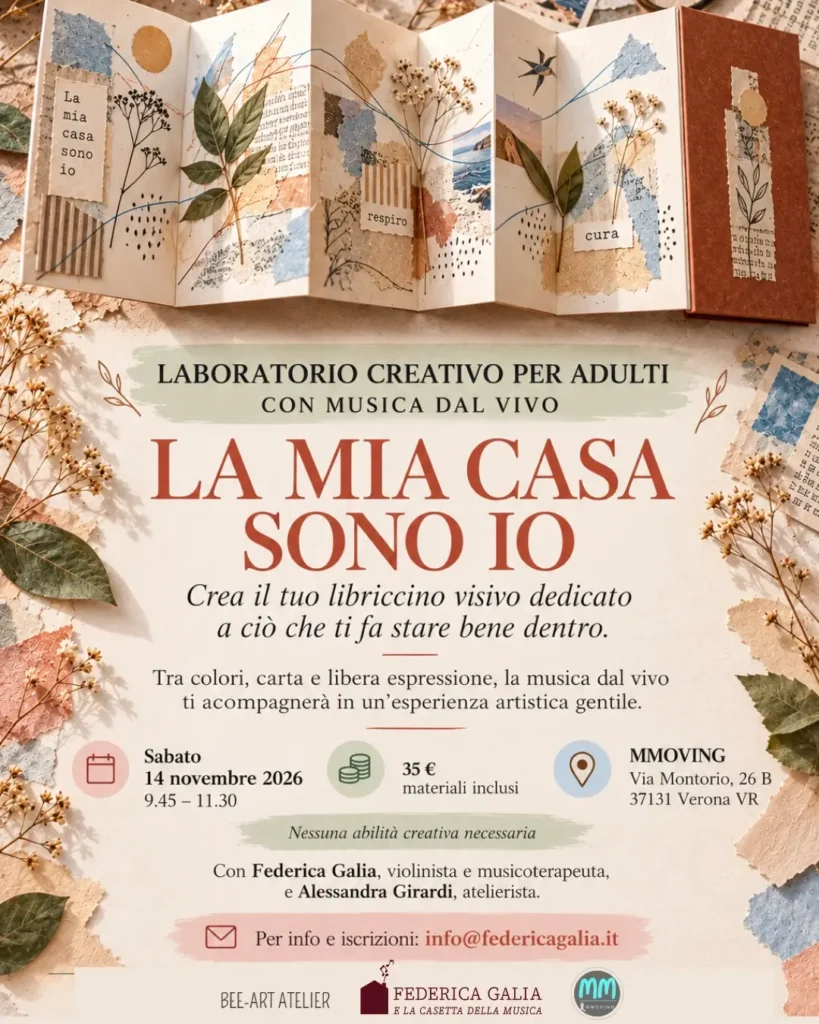 Libriccino artistico a fisarmonica realizzato con collage, carte materiche, foglie essiccate e parole ritagliate, per il laboratorio La mia casa sono io a Verona.